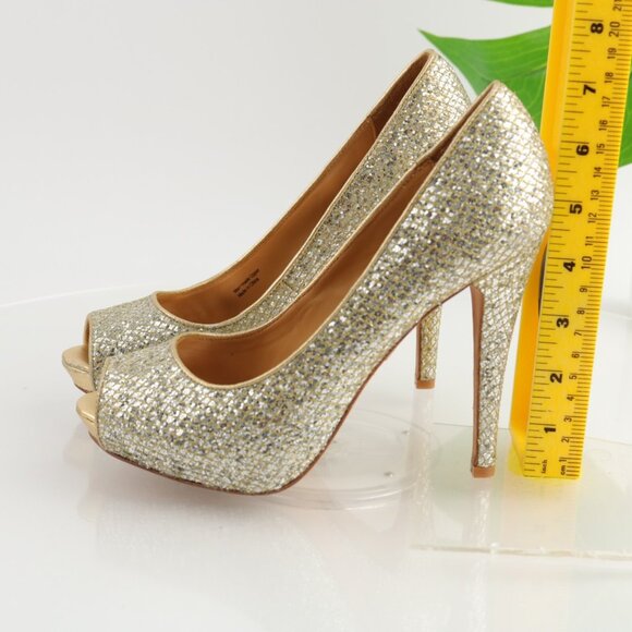 Badgley Mischka Women Humbie Pump Size 7.5 Gold Glitter Platfrom Heel Dress Shoe - Picture 7 of 12